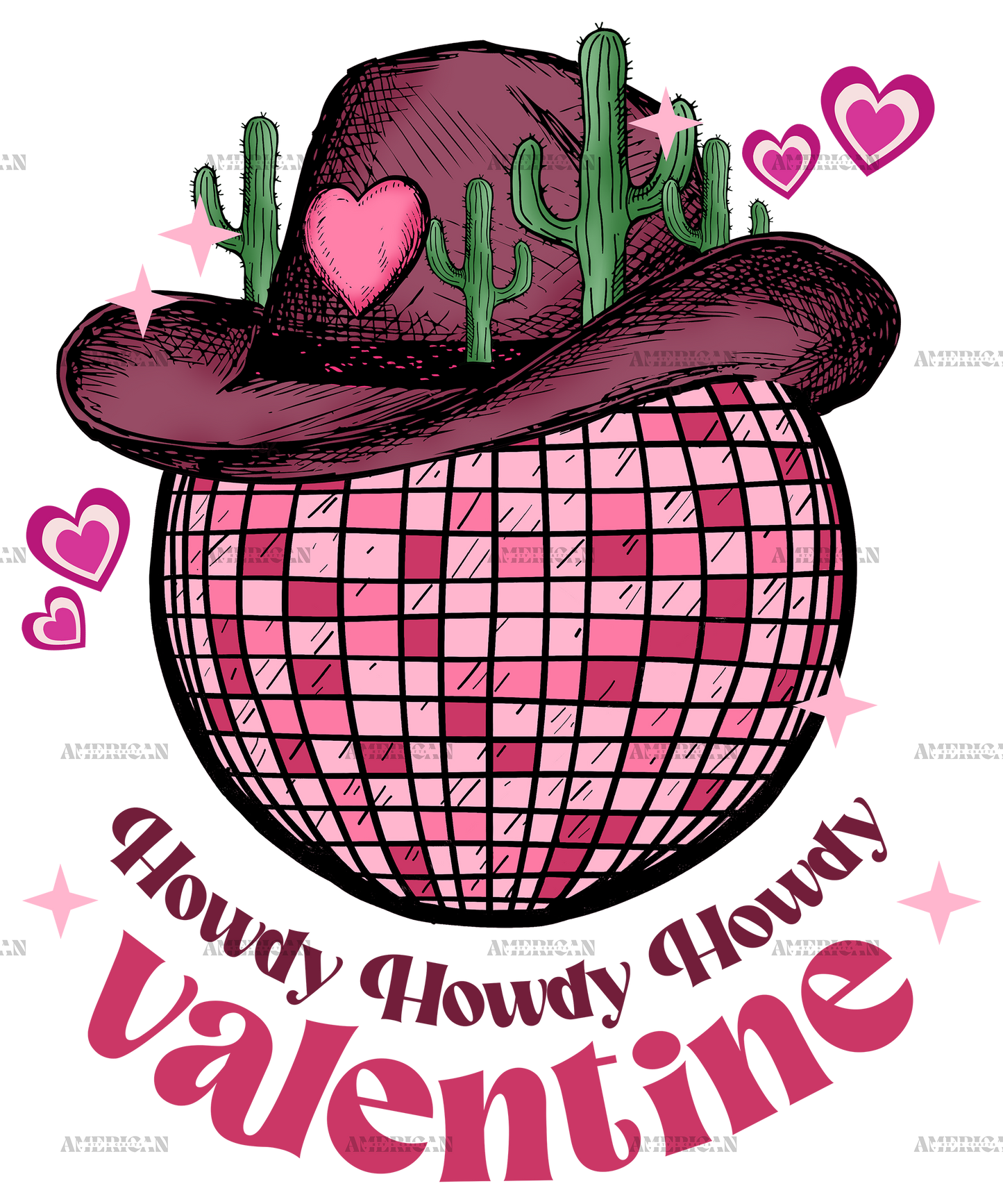 Howdy Valentine Western Hat Disco Cactus DTF Transfer